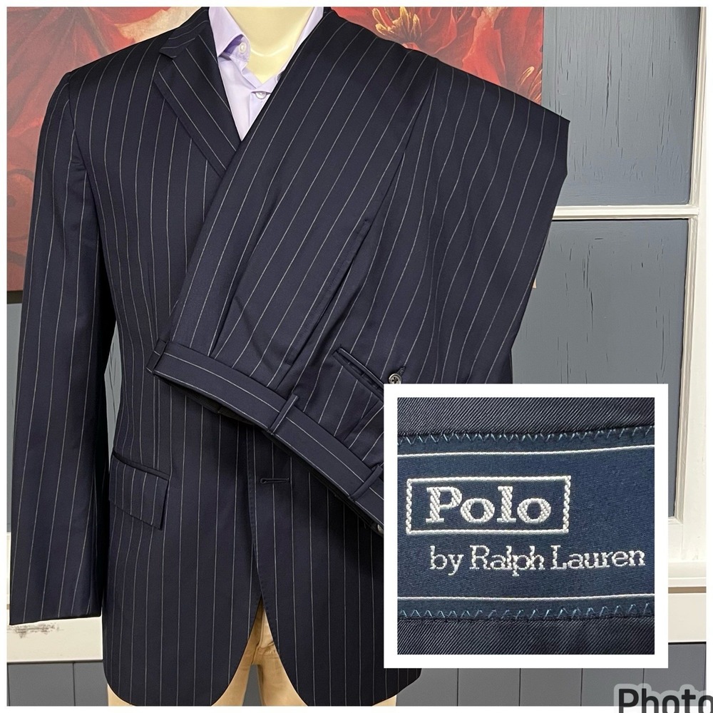 Vintage Polo Ralph Lauren Suit Men 42L Slim Fit Cuffed Pleated 35x30.5 Dark Navy